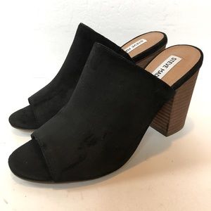 Steve Madden Black Leather Block High Heel Open Toe Sandal